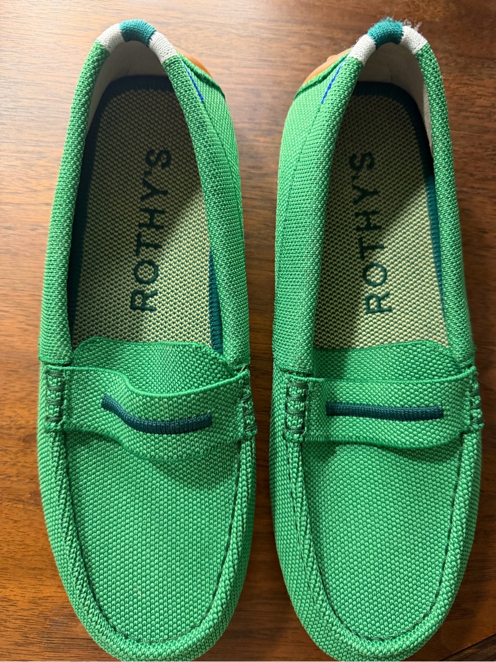 Rothy's Green Knit Loafers with Navy Trim